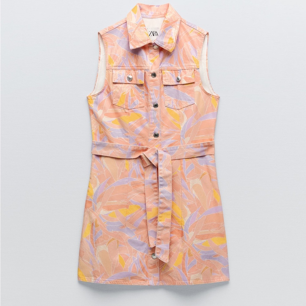 ZARA Women's The Sleeveless Doro Belted Lapel Collar Pastel Denim Dress Size M